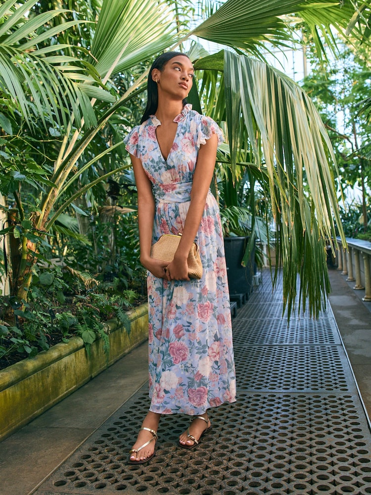 Kew Kollektion, Blau, Floralmuster - Plissiertes Midikleid aus Netzstoff mit V-Ausschnitt und Print für besondere Anlässe - Bild 2 von 7 Kew Kollektion, Blau, Floralmuster - Plissiertes Midikleid aus Netzstoff mit V-Ausschnitt und Print für besondere Anlässe - Bild 2 von 7