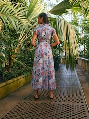 Blue Floral Pleated Mesh Print V-Neck Occasion Midi Dress - Image 3 of 7