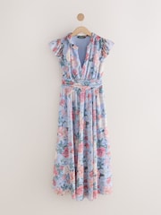 Blue Floral Pleated Mesh Print V-Neck Occasion Midi Dress - Image 5 of 7