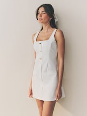 White Square Neck Gold Button Mini Dress - Image 1 of 8