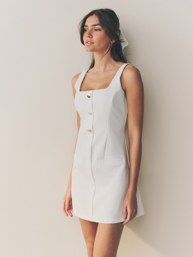 White Square Neck Gold Button Mini Dress - Image 1 of 8