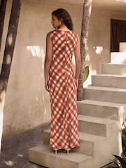 Red Check Sleeveless Satin Drape Waist Detail Midi Dress - Image 3 of 8
