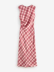 Red Check Sleeveless Satin Drape Waist Detail Midi Dress - Image 5 of 8