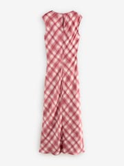 Red Check Sleeveless Satin Drape Waist Detail Midi Dress - Image 6 of 8