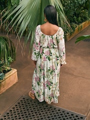 Kew Collection Cream And Green/Pink Floral Long Sleeve Pleated Maxi Dress - Image 2 of 7