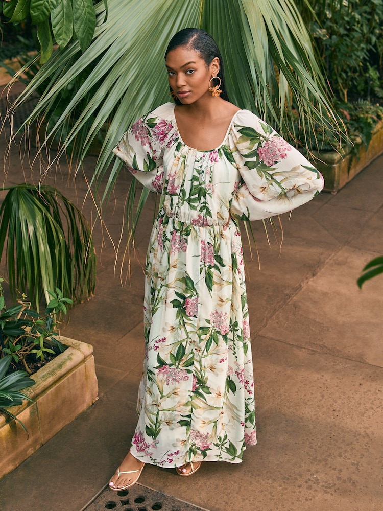 Kew Collection Cream And Green/Pink Floral Long Sleeve Pleated Maxi Dress - Image 2 of 7