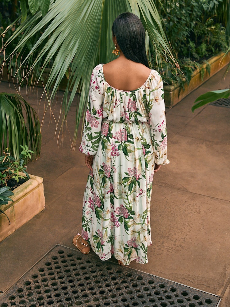 Kew Collection Cream And Green/Pink Floral Long Sleeve Pleated Maxi Dress - Image 2 of 7 Kew Collection Cream And Green/Pink Floral Long Sleeve Pleated Maxi Dress - Image 2 of 7
