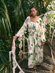 Kew Collection Cream And Green/Pink Floral Long Sleeve Pleated Maxi Dress - Image 3 of 7