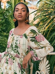 Kew Collection Cream And Green/Pink Floral Long Sleeve Pleated Maxi Dress - Image 4 of 7