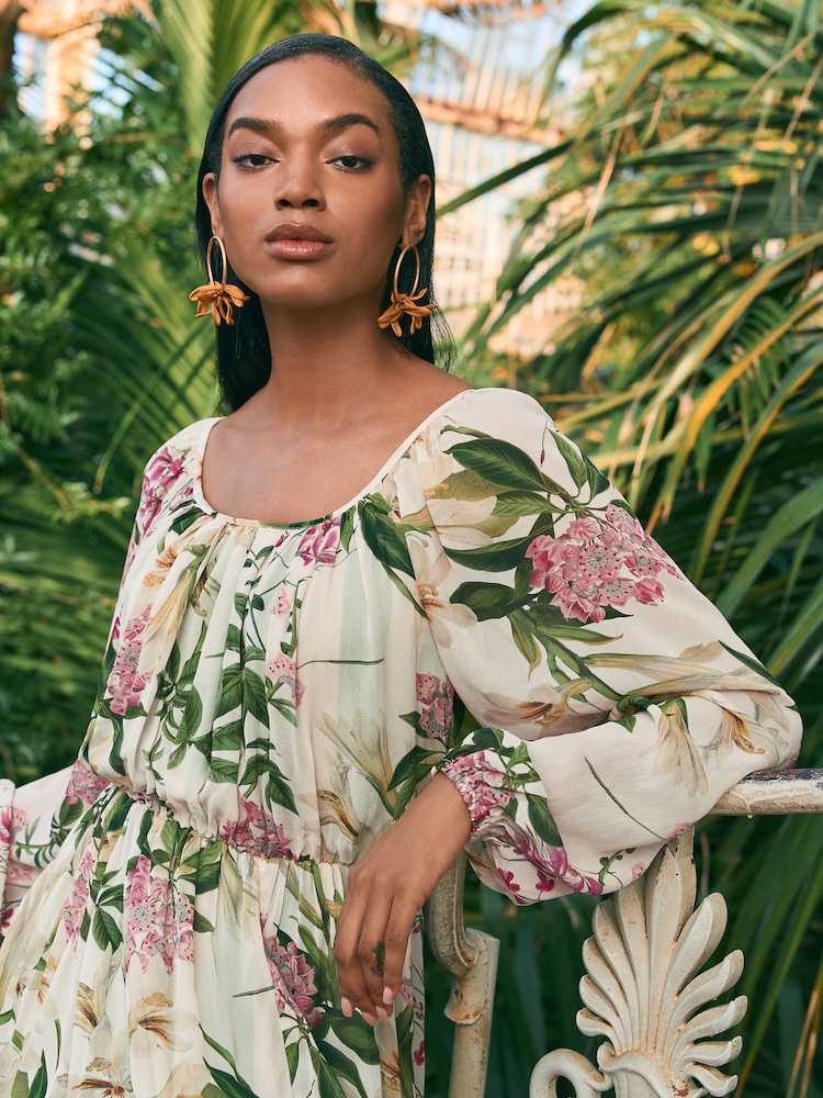 Kew Collection Cream And Green/Pink Floral Long Sleeve Pleated Maxi Dress - Image 4 of 7
