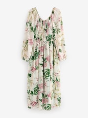 Kew Collection Cream And Green/Pink Floral Long Sleeve Pleated Maxi Dress - Image 5 of 7