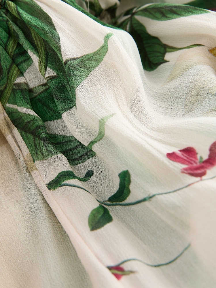 Kew Collection Cream And Green/Pink Floral Long Sleeve Pleated Maxi Dress - Image 6 of 7