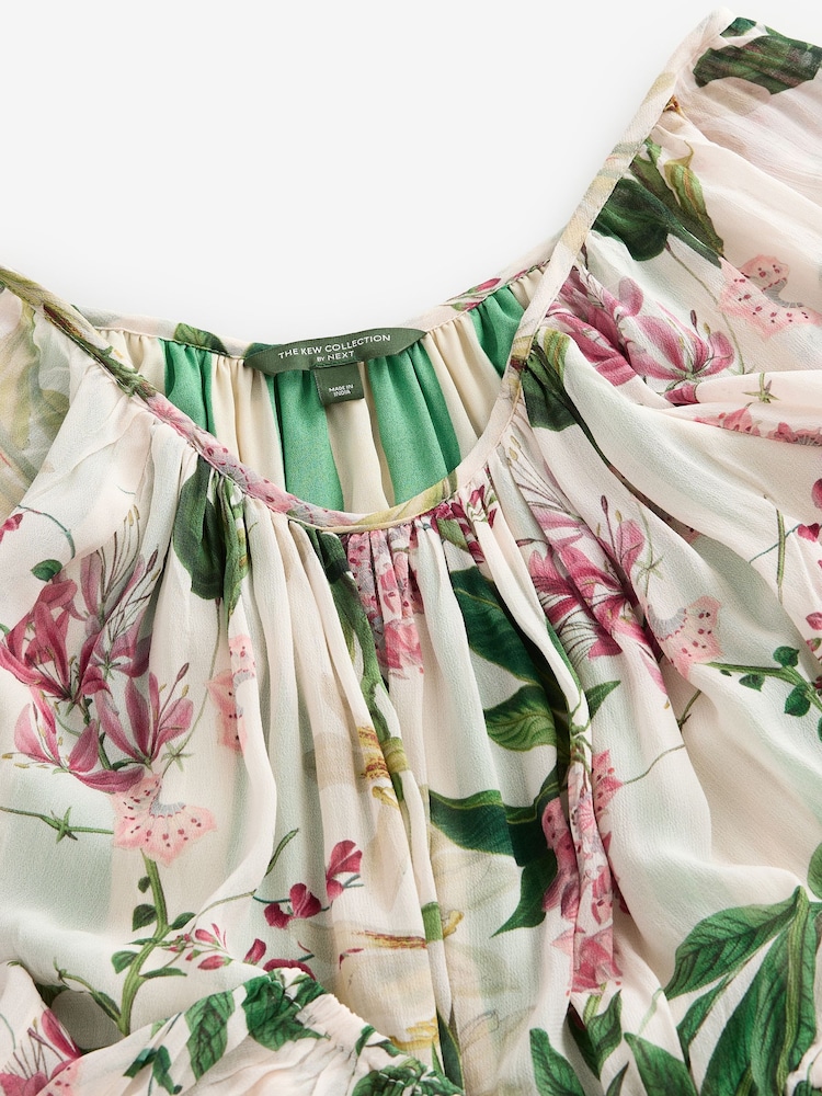 Kew Collection Cream And Green/Pink Floral Long Sleeve Pleated Maxi Dress - Image 7 of 7 Kew Collection Cream And Green/Pink Floral Long Sleeve Pleated Maxi Dress - Image 7 of 7