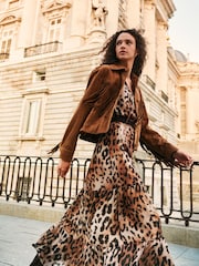 Brown Leopard Animal Print Long Sleeve Boho Tier Maxi Dress - Image 1 of 5