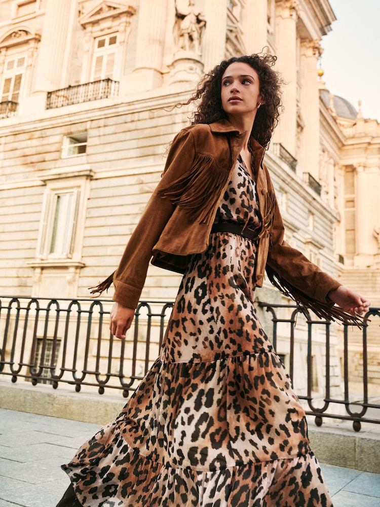 Brown Leopard Animal Print Long Sleeve Boho Tier Maxi Dress - Image 1 of 5