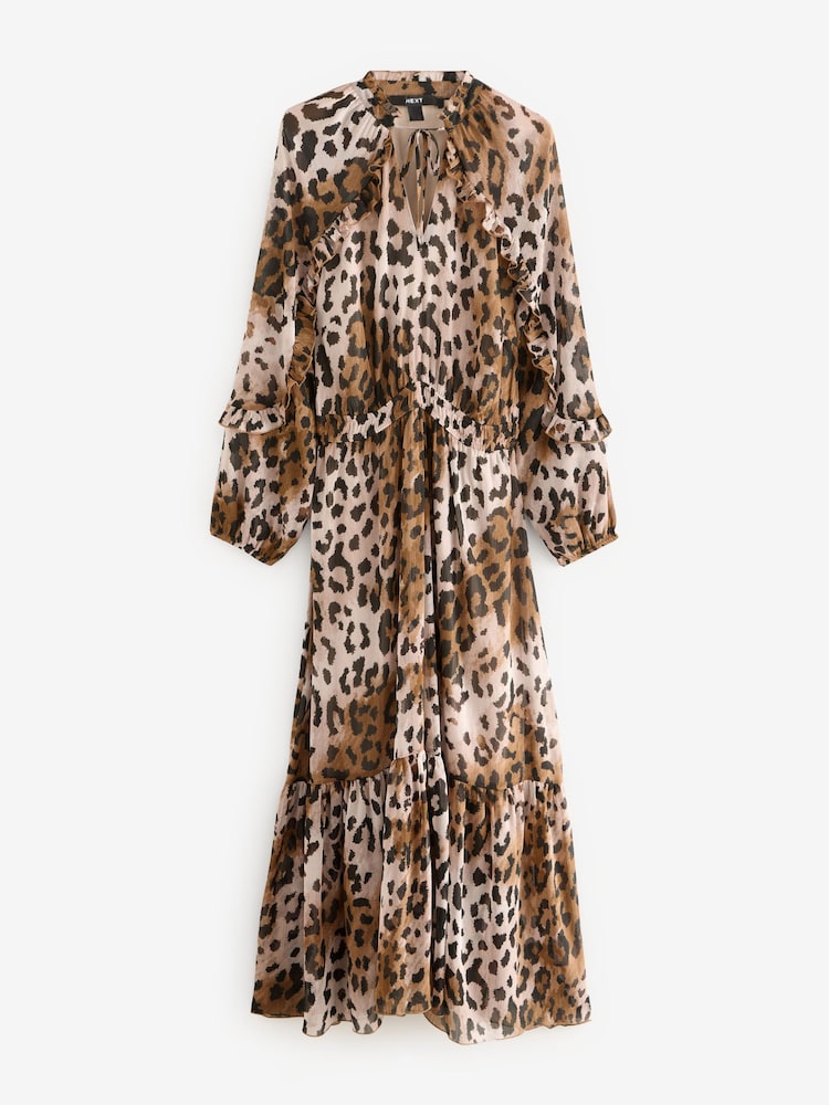 Brown Leopard Animal Print Long Sleeve Boho Tier Maxi Dress - Image 3 of 5