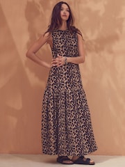 Brown Leopard Animal Print Sleeveless Textured Jersey Dropwaist Maxi Dress - Image 1 of 7