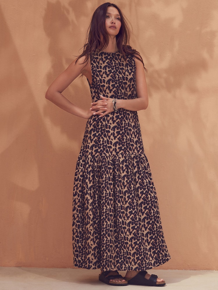 Brown Leopard Animal Print Sleeveless Textured Jersey Dropwaist Maxi Dress - Image 1 of 7
