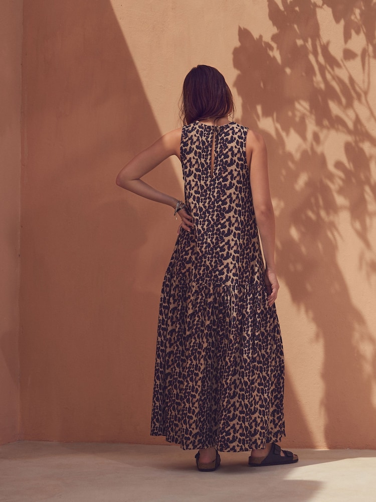 Brown Leopard Animal Print Sleeveless Textured Jersey Dropwaist Maxi Dress - Image 2 of 7