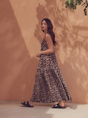 Brown Leopard Animal Print Sleeveless Textured Jersey Dropwaist Maxi Dress - Image 3 of 7