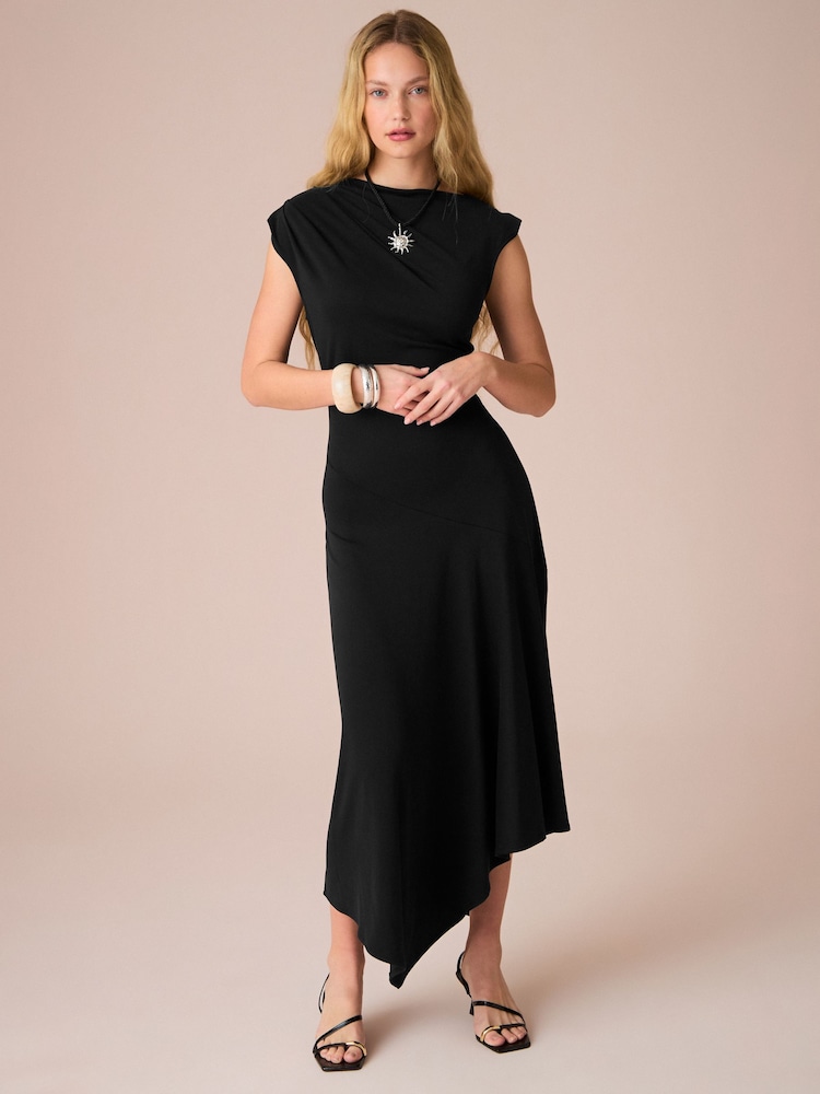 Black Short Sleeve Asymmetric Hem Midi Dress - Image 1 of 3