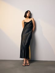 Black Satin Cowl Neck Strappy Tie Back Midi Slip Dress - Image 1 of 9