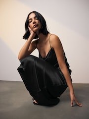 Black Satin Cowl Neck Strappy Tie Back Midi Slip Dress - Image 2 of 9