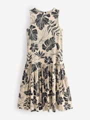 Black White Floral Leaf Sleeveless Textured Jersey Dropwaist Maxi Dress - Image 7 of 8