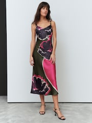 Green/Pink Placement Floral Satin Cami Midi Slip Dress - Image 1 of 8