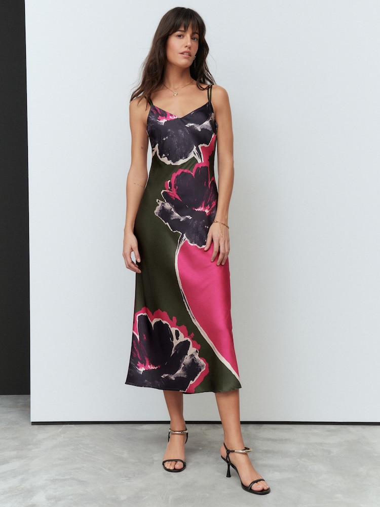 Green/Pink Placement Floral Satin Cami Midi Slip Dress - Image 1 of 8