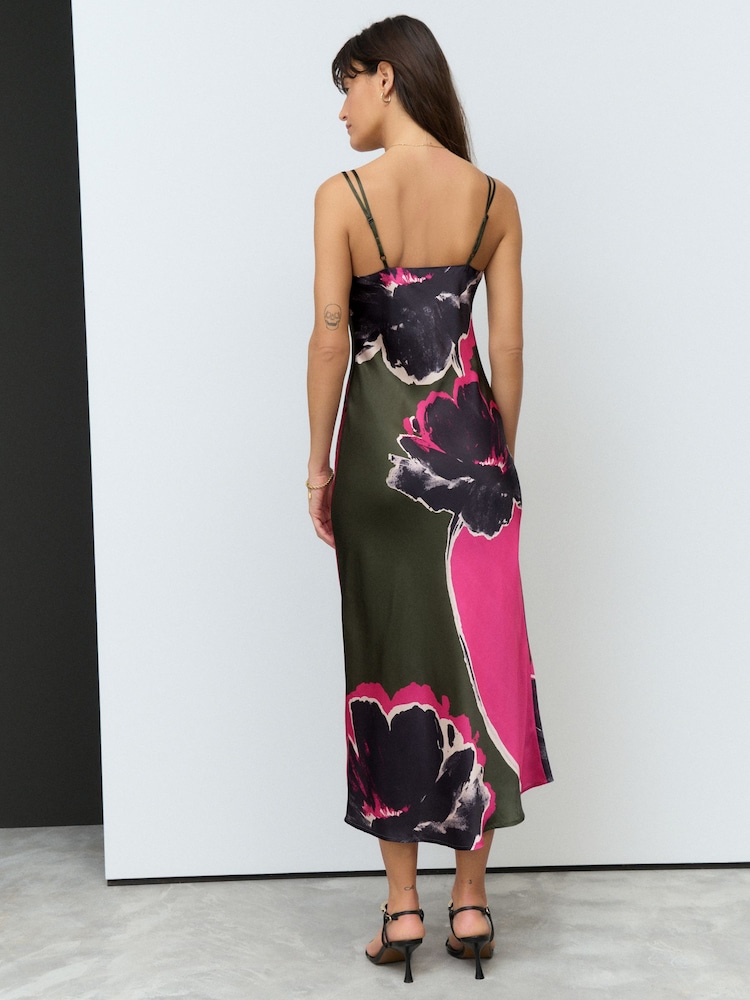Green/Pink Placement Floral Satin Cami Midi Slip Dress - Image 4 of 8