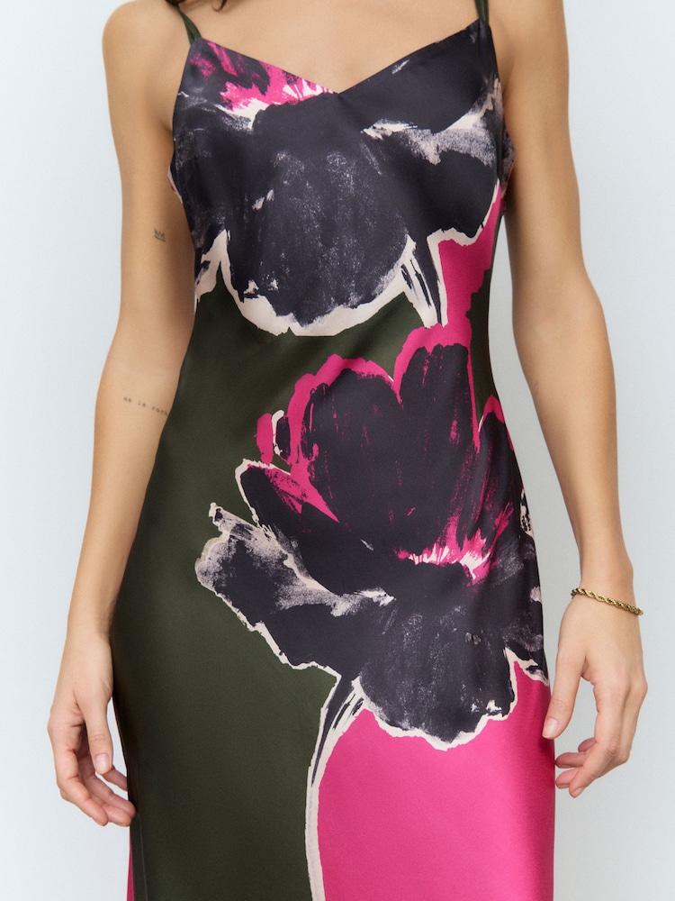 Green/Pink Placement Floral Satin Cami Midi Slip Dress - Image 5 of 8