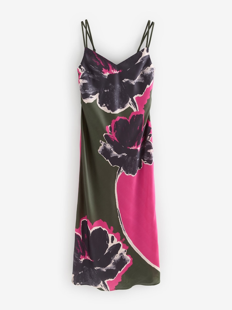 Green/Pink Placement Floral Satin Cami Midi Slip Dress - Image 6 of 8