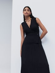 Schwarz - Sleeveless V-Neck Waistcoat Pleated Skirt Midi Dress - Bild 1 von 9