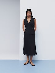 Schwarz - Sleeveless V-Neck Waistcoat Pleated Skirt Midi Dress - Bild 2 von 9
