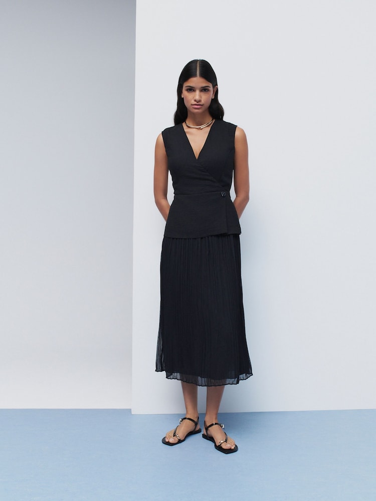 Schwarz - Sleeveless V-Neck Waistcoat Pleated Skirt Midi Dress - Bild 2 von 9