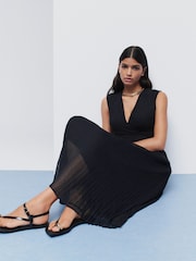 Schwarz - Sleeveless V-Neck Waistcoat Pleated Skirt Midi Dress - Bild 3 von 9
