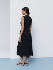 Schwarz - Sleeveless V-Neck Waistcoat Pleated Skirt Midi Dress - Bild 4 von 9