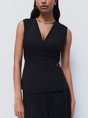 Schwarz - Sleeveless V-Neck Waistcoat Pleated Skirt Midi Dress - Bild 5 von 9