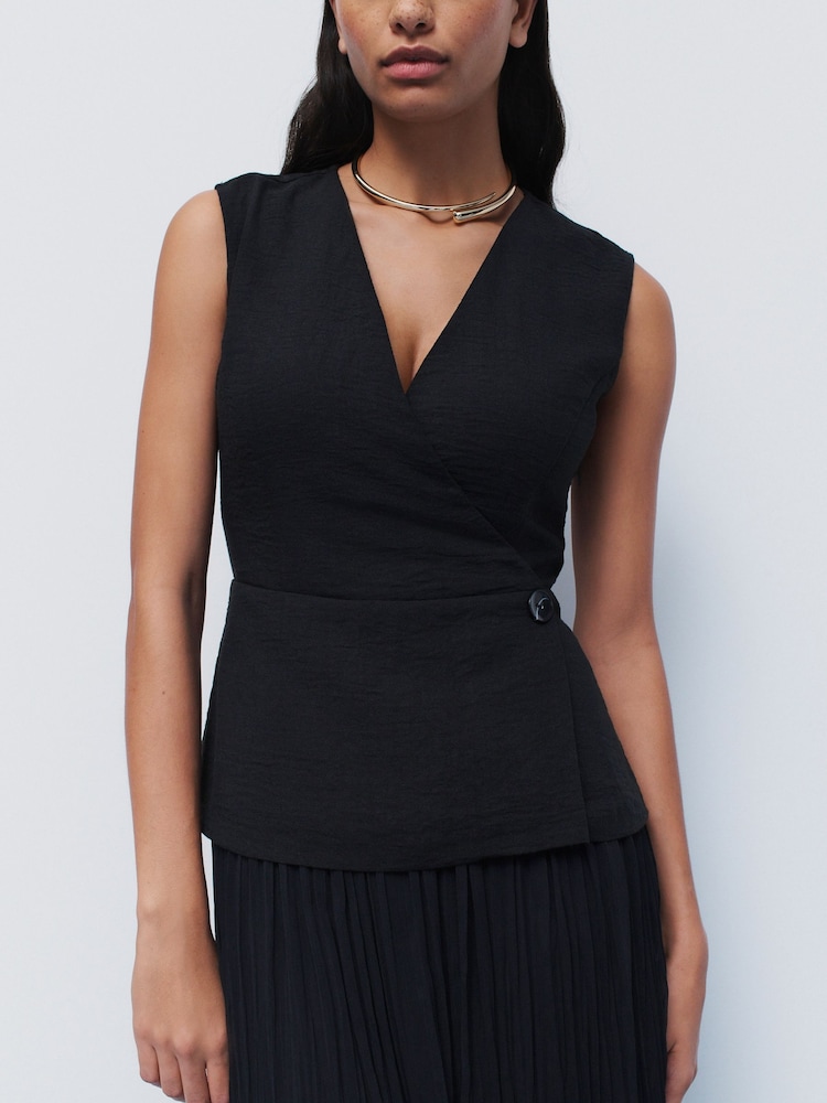 Black Sleeveless V-Neck Waistcoat Pleated Skirt Midi Dress - Image 5 of 9