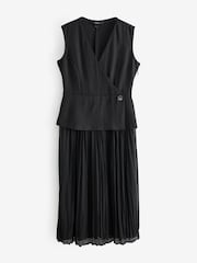 Schwarz - Sleeveless V-Neck Waistcoat Pleated Skirt Midi Dress - Bild 7 von 9