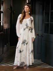 White/Black Floral Long Sleeve Pleated Maxi Dress - Image 1 of 4