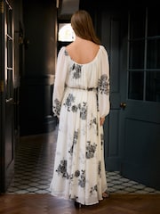 White/Black Floral Long Sleeve Pleated Maxi Dress - Image 2 of 4