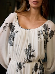 White/Black Floral Long Sleeve Pleated Maxi Dress - Image 4 of 4