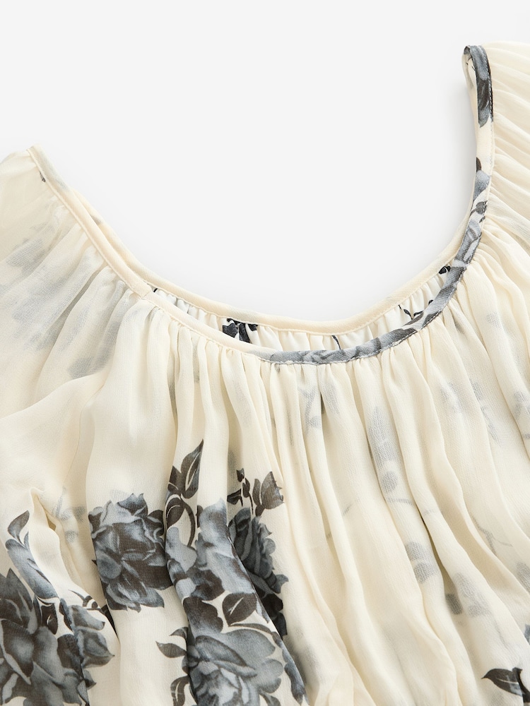 Alb/negru floral - Mânecă lungă Plisat Rochie lungă - Imaginea 6 din 6