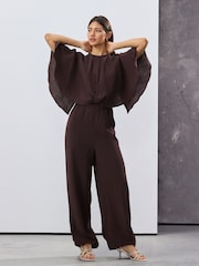 Burgundy Red Short Sleeve Cape Sleeve Jumpsuit - Image 1 of 8