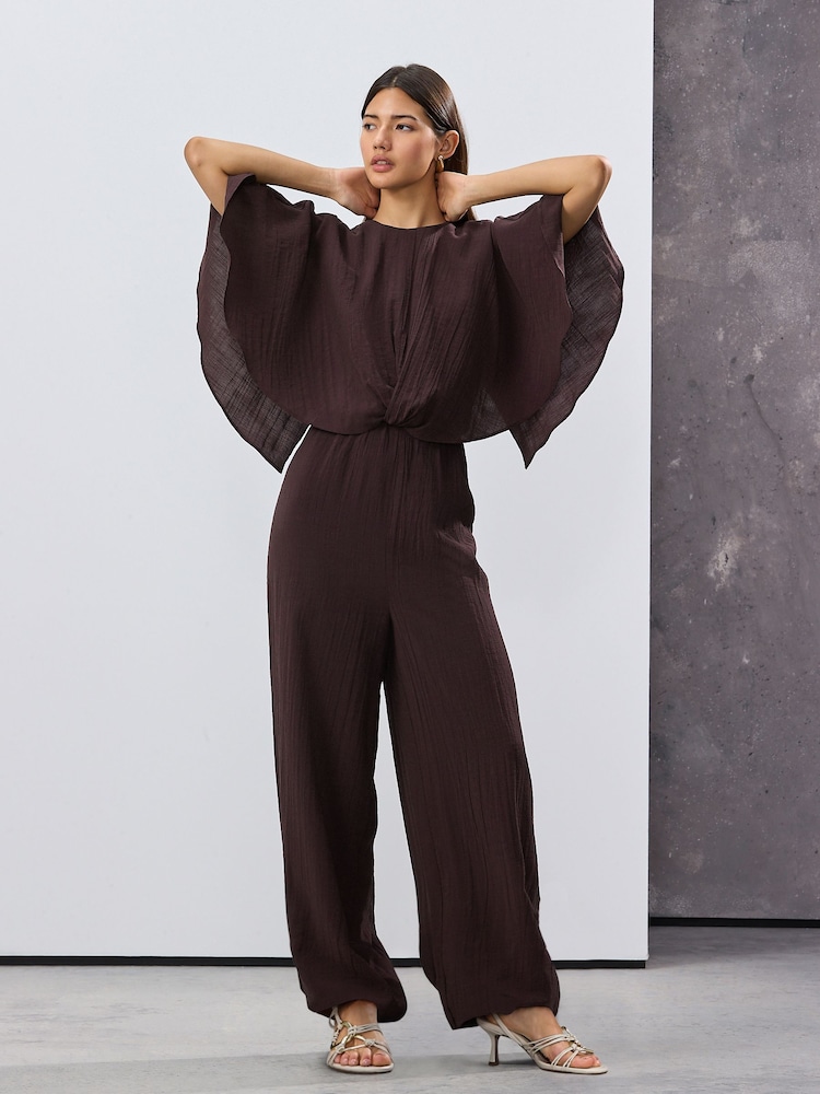 Burgundy Red Short Sleeve Cape Sleeve Jumpsuit - Image 1 of 8
