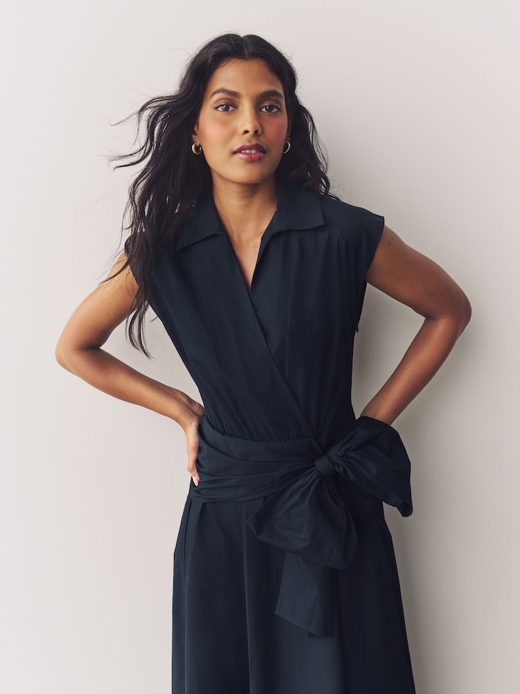 Navy Blue Cap Sleeve Tie Waist Shirt 100% Cotton Dress - Image 4 of 7