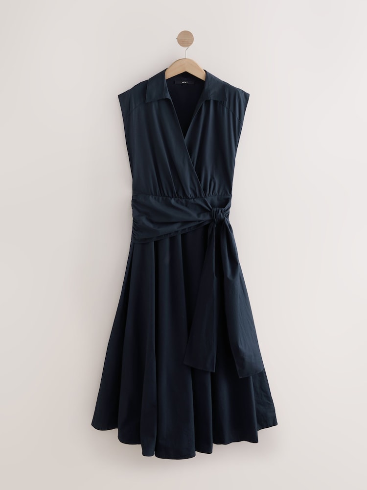 Navy Blue Cap Sleeve Tie Waist Shirt 100% Cotton Dress - Image 5 of 7