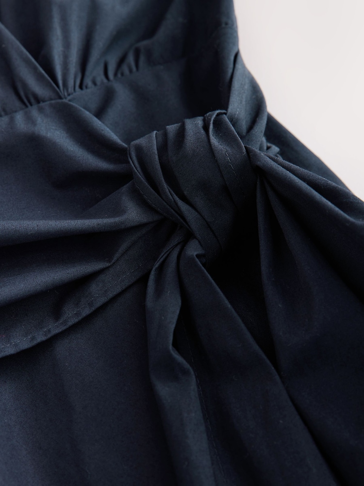 Navy Blue Cap Sleeve Tie Waist Shirt 100% Cotton Dress - Image 6 of 7